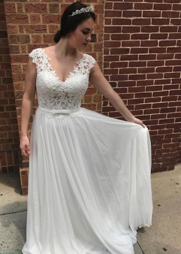 Lace and Chiffon Beach Wedding Dress with V-neckline
