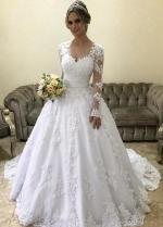 Lace Long-sleeves Winter Wedding Dress with Illusion Neckline