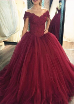 Lace Corset Tulle Burgundy Ball Gown Prom Dresses Off-the-shoulder
