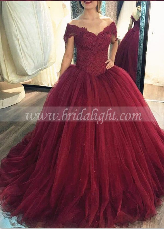 Lace Corset Tulle Burgundy Ball Gown Prom Dresses Off-the-shoulder