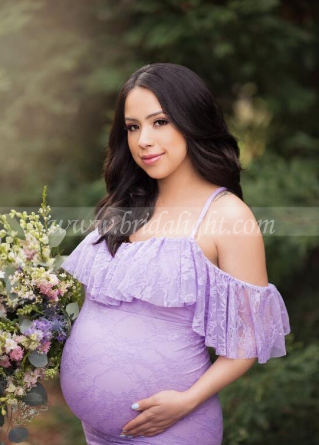 Lilac Lace Pregnant Woman Prom Dresses with Spaghetti Straps