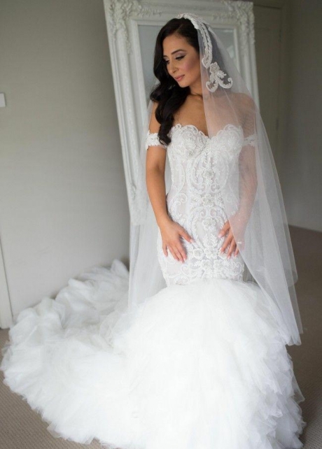 Lace Off-the-shoulder Corset Mermaid Wedding Gown with Ruffled Tulle Skirt