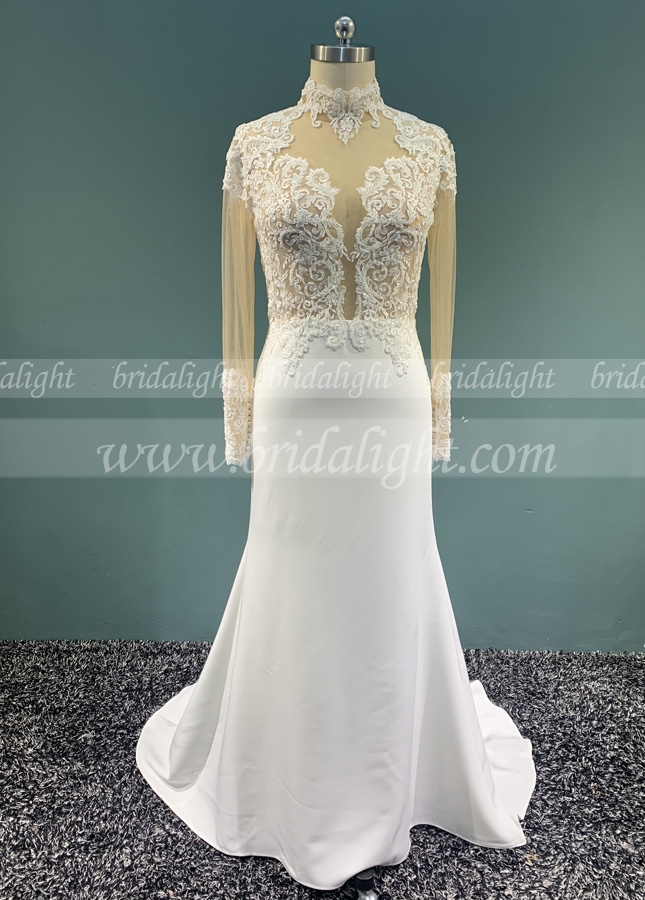 Lace and Satin Bridal Gown with See Through Sleeves