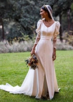 Long Sleeve Soft Satin Bridal Gowns Vintage Wedding Dresses