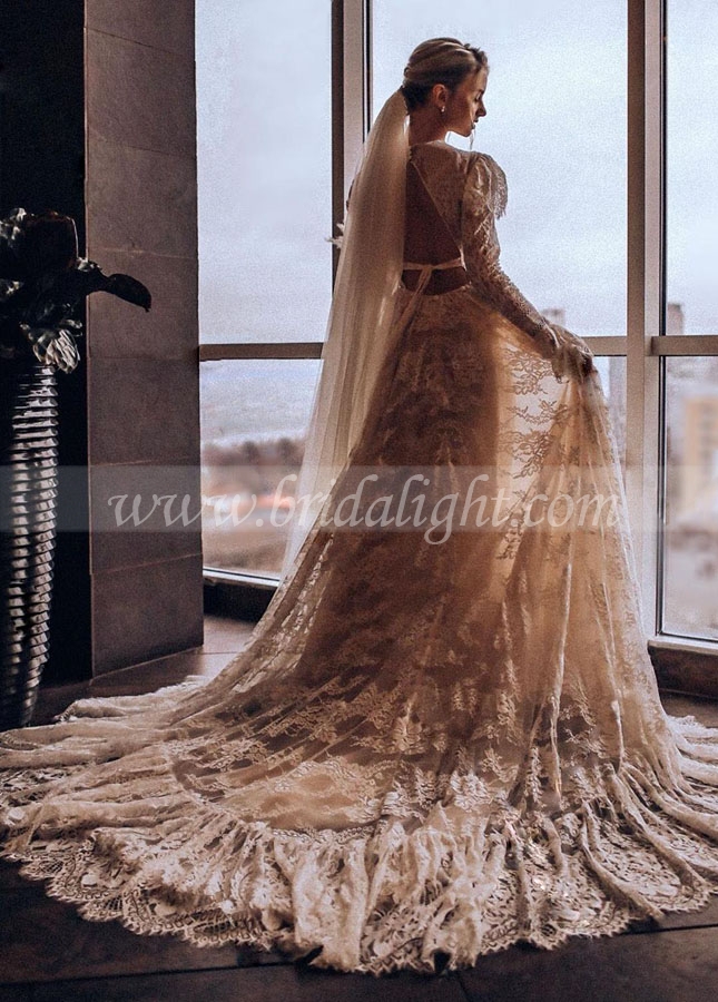 Lace Long Sleeve Luxury Long Train Beauty Noivas Wedding Dresses