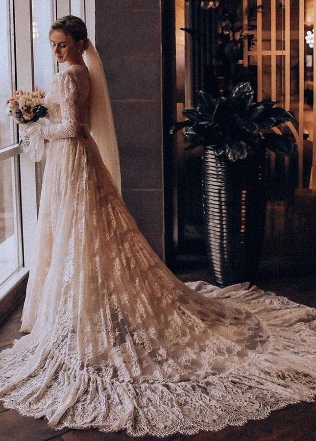 Lace Long Sleeve Luxury Long Train Beauty Noivas Wedding Dresses