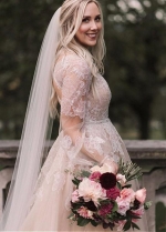 Lace Appliques Tulle Bridal Gowns 2023 Long Sleeve Boho Plus Size Wedding Dresses