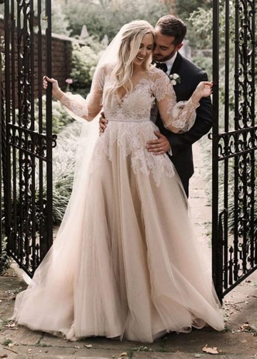 Lace Appliques Tulle Bridal Gowns 2023 Long Sleeve Boho Plus Size Wedding Dresses