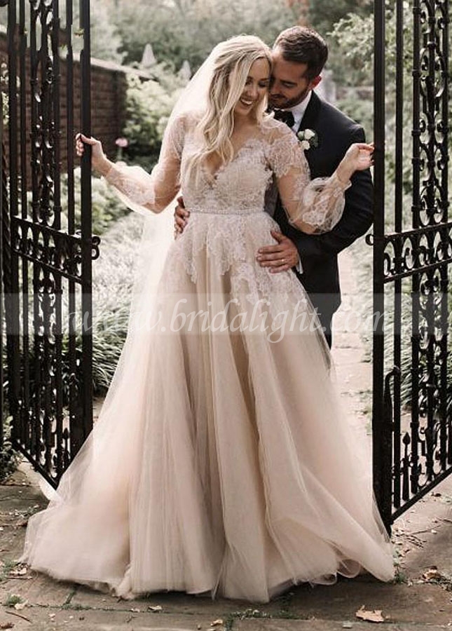 Lace Appliques Tulle Bridal Gowns 2022 Long Sleeve Boho Plus Size Wedding Dresses