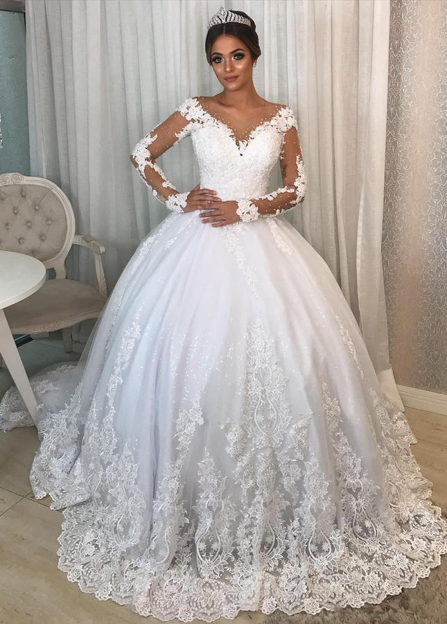 Long Sleeves Ball Gown Wedding Dresses Illusion Neck