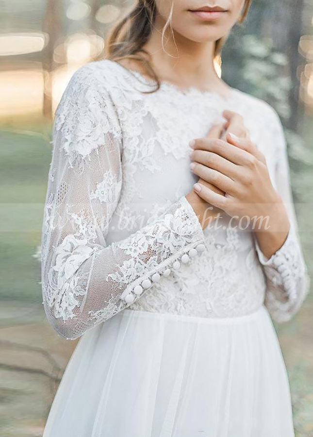 Long Sleeve Hollow Back Lace Top Chiffon Simple 2022 Bohemain Wedding Bridal Gowns