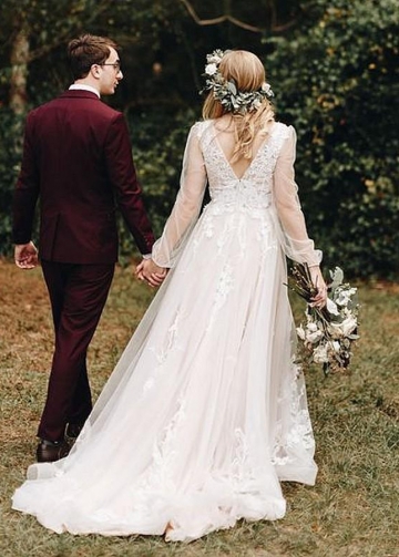 Long Bohemian Wedding Dresses Illusion Sleeves V Neck Back
