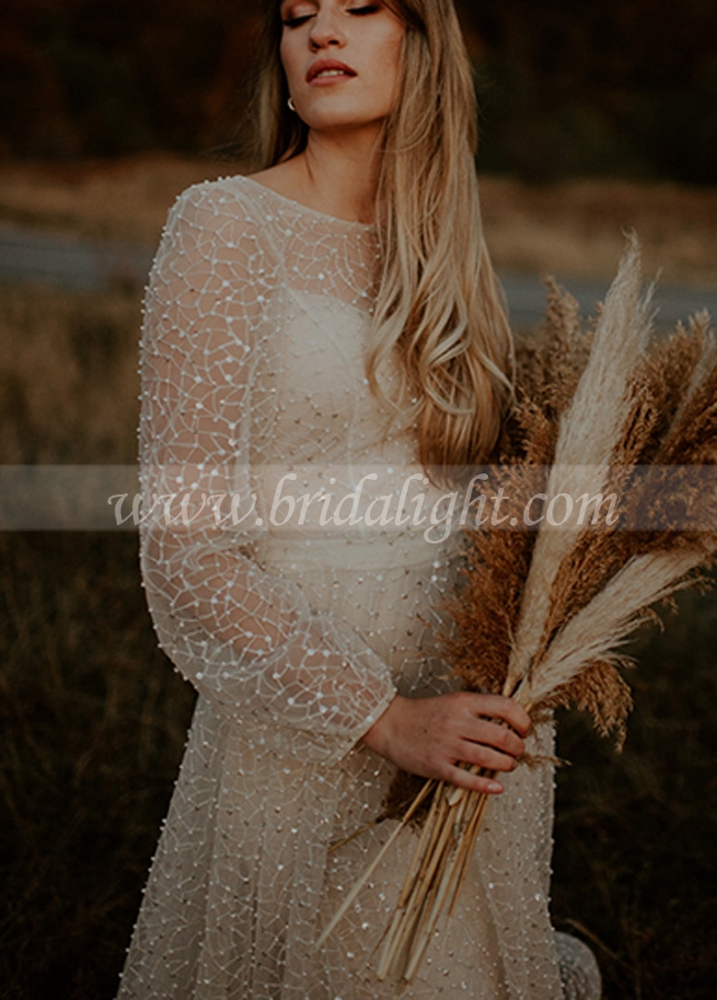Long Sleeve Beads Emboirdery Wedding Dresses Lanten Sleeve