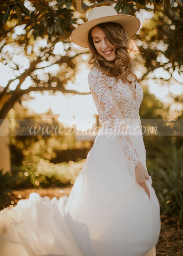 Long Sleeve Lace Wedding Dresses A Line Chiffon Skirt V-Neck Bohemian Bridal Gowns