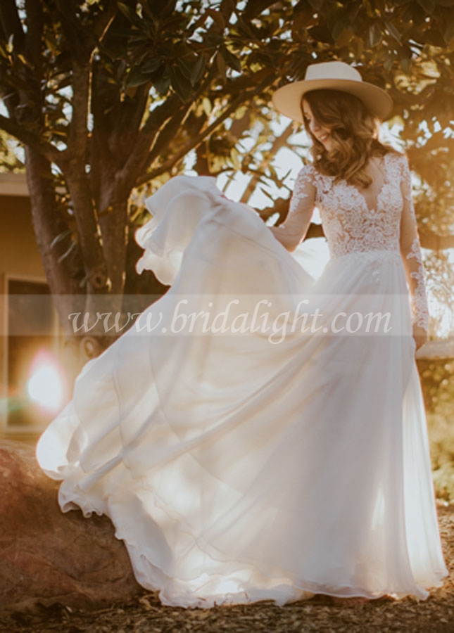 Long Sleeve Lace Wedding Dresses A Line Chiffon Skirt V-Neck Bohemian Bridal Gowns