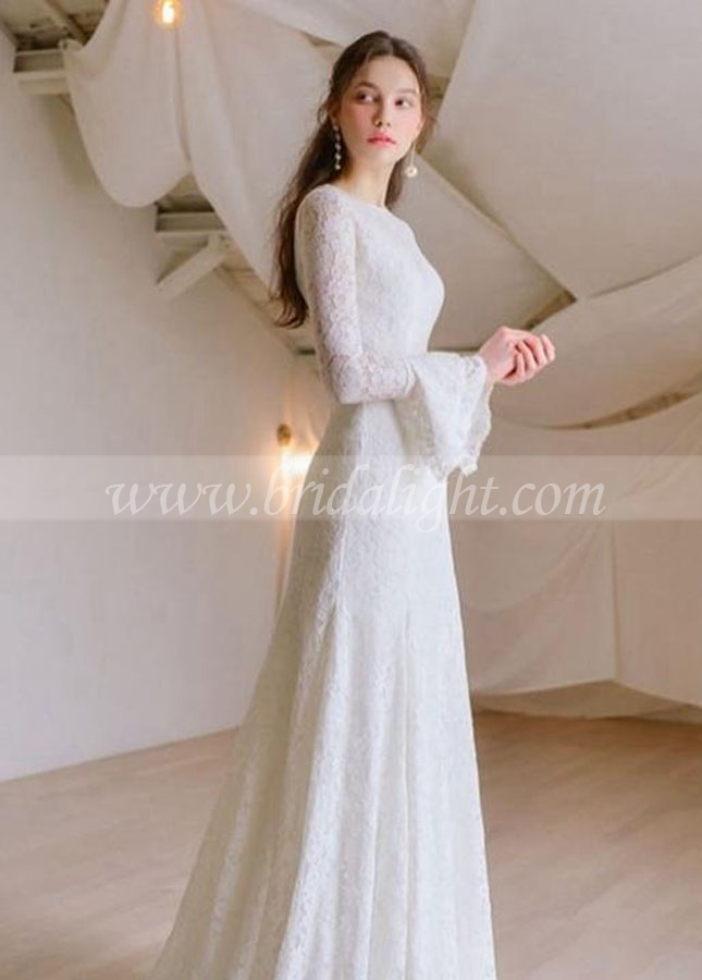 Lace Long Sleeve Simple Bridal Gown Wedding Dress