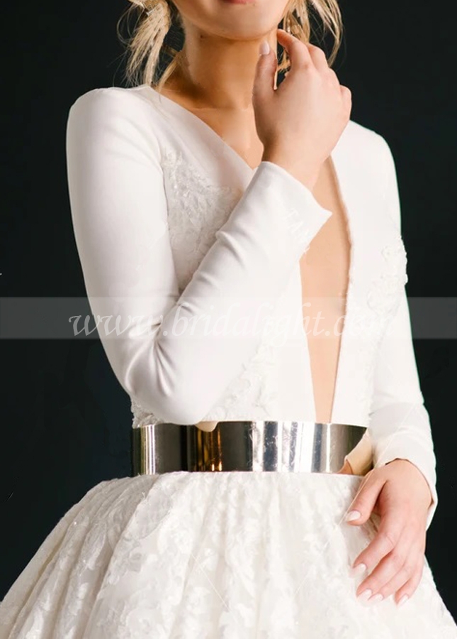 Long Sleeve V-Neck Wedding Dresses Lace Zipper Back Vestido De noivas