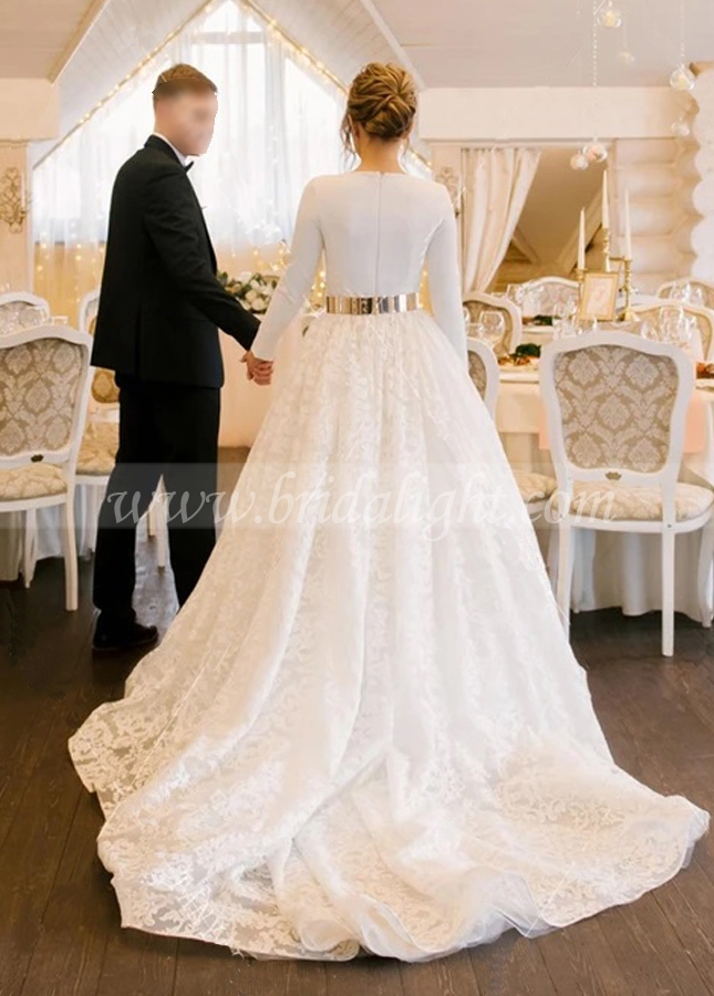 Long Sleeve V-Neck Wedding Dresses Lace Zipper Back Vestido De noivas