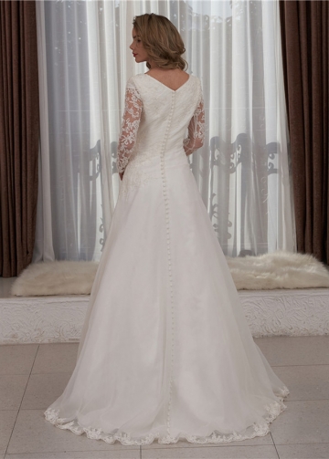 Long Sleeves Wedding Dress Lace Appliques A-Line Bride Dress