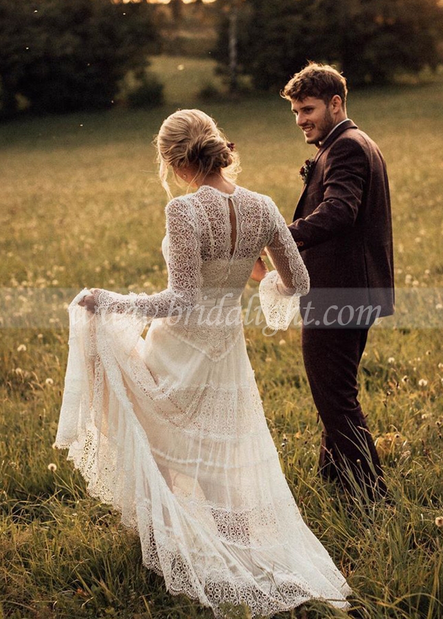Long Sleeves Lace Wedding Dresses Bohemian Bridal Gown