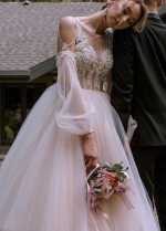 Long Sleeve See Through Tulle Floor Length Wedding Dresses