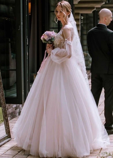 Long Sleeve See Through Tulle Floor Length Wedding Dresses