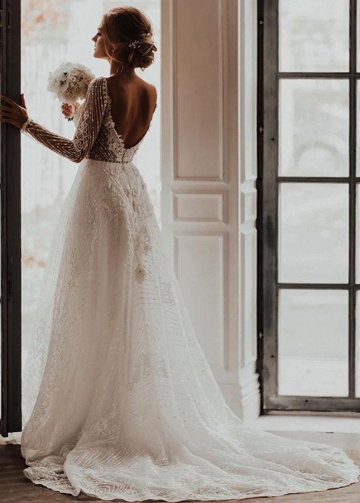 Long Sleeve Wedding Dress ALine V-Neck See Through Elegant Bridal gowns robe de marrige Noivas
