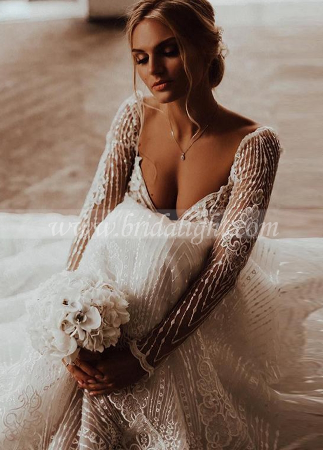 Long Sleeve Wedding Dress ALine V-Neck See Through Elegant Bridal gowns robe de marrige Noivas