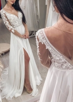 Long Sleeve A Line Bridal Gowns Bohemian With Slit
