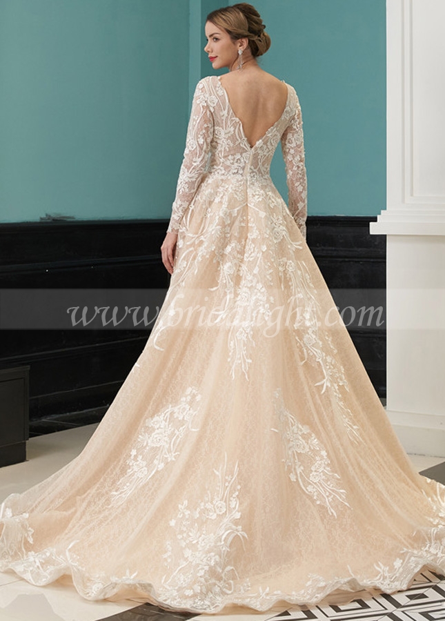 Long Sleeve Champagne Wedding Dresses Lace