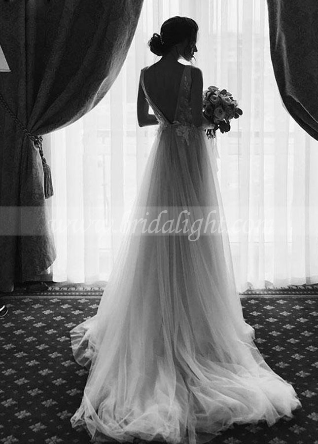 Light Champagne Top White Tulle Wedding Dresses