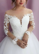 Long Sleeves Lace Illusion Neckline Tulle A-line Wedding Dresses