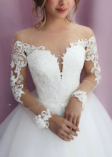 Long Sleeves Lace Illusion Neckline Tulle A-line Wedding Dresses