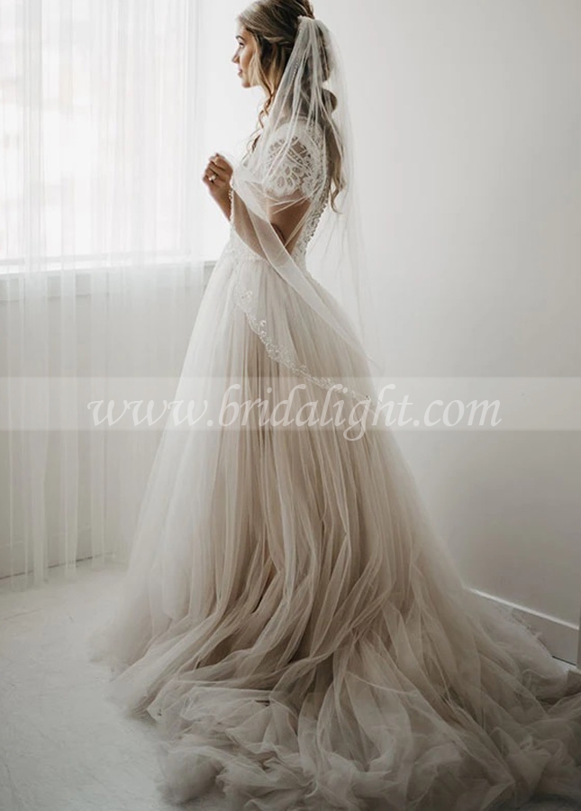 Light Champagne Tulle Skirts Wedding Dresses Bohemian Dreamy Elegant Vintage Bridal Gowns Vestido De Noiva