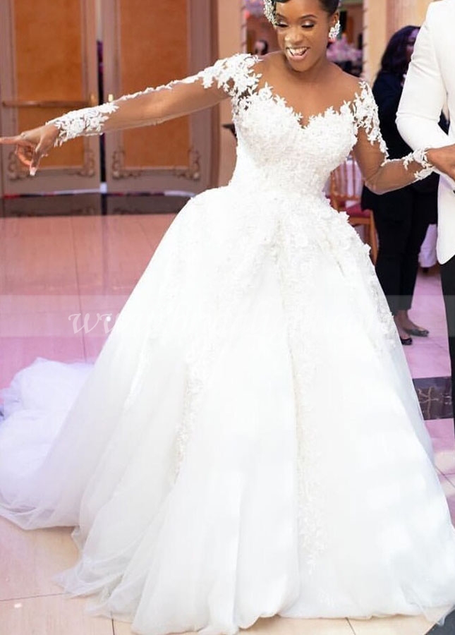 Long Sleeves Cathedral Train Wedding Dress Ball Gown