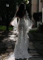 Leaf Lace Wedding Dress Flare Sleeve Mermaid Bohemian Bridal Gowns