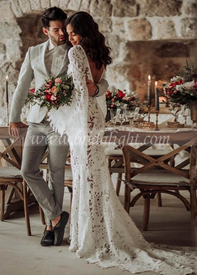 Leaf Lace Wedding Dress Flare Sleeve Mermaid Bohemian Bridal Gowns