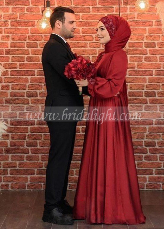 Long Sleeves Muslim Wedding Dresses Burgundy Chiffon High Neck A Line Arabic Dubai Wedding Gown