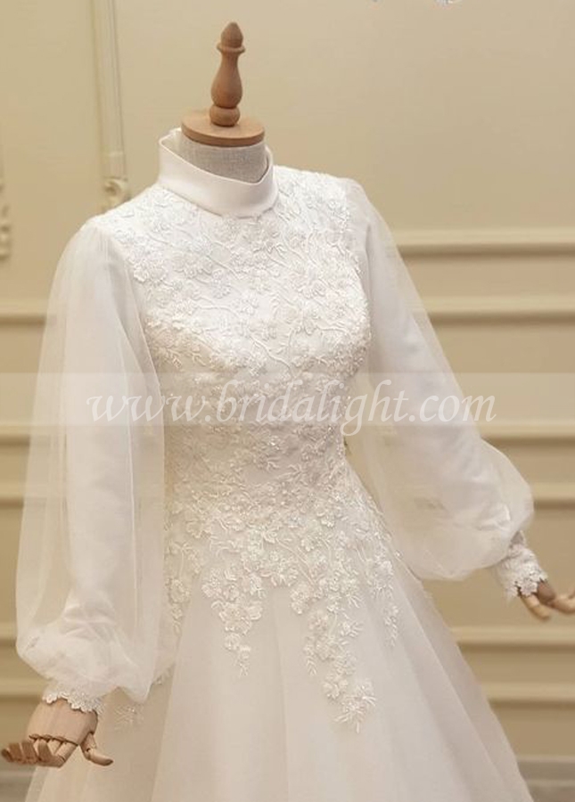 Long Sleeves Elegant Tulle A-line Muslim Wedding Dresses