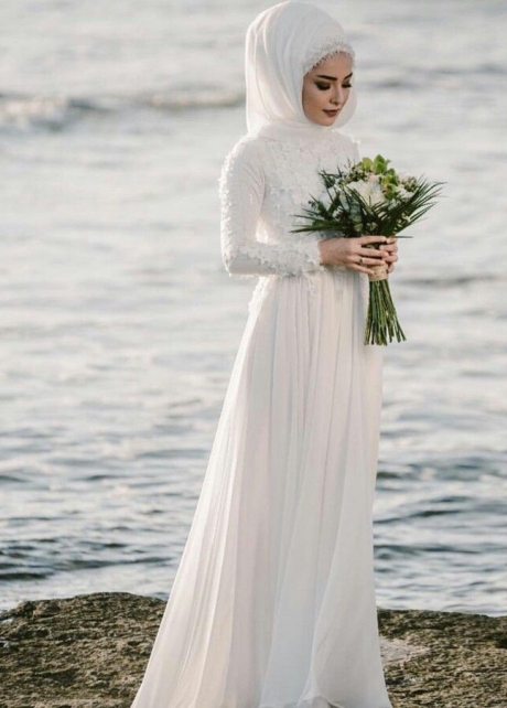 Long Sleeve Muslim Wedding Dress with Hijab Dress Sweeping Train