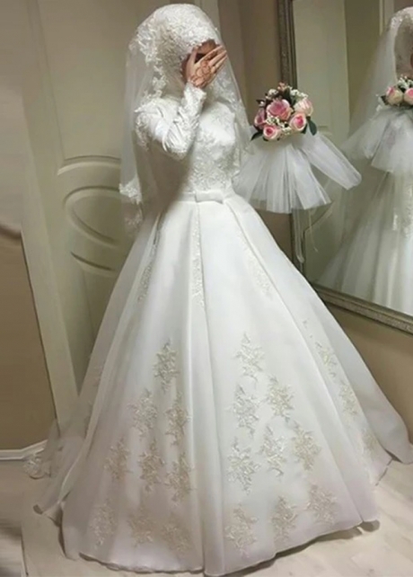 Elegant Simple Satin Muslim Wedding Dresses Ball Gown Bride Dress DQG1 –  TANYA BRIDAL