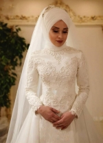 Long Sleeve Zipper Back Lace Islamic Tulle Muslim Wedding Dresses