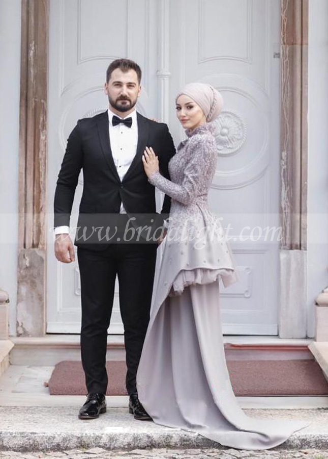 Lavender Muslim Wedding Dresses Long Sleeve Lace Pearls Elegant Bridal Gowns Abiti Da Sposa unique Engagement Dress
