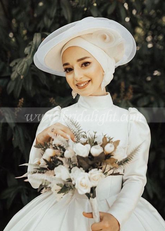 Long Sleeve Muslim Wedding Dresses high Collar Simple Elegant Bridal Gowns