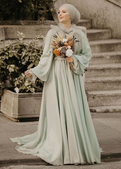 Light Green Muslim Wedding Dresses Long Sleeves A Line Chiffon Bridal Dress