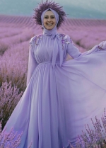 Lavender Long Sleeves A Line Chiffon Muslim Wedding Dresses