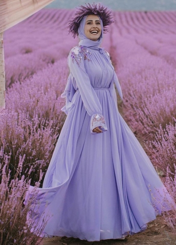 Lavender Long Sleeves A Line Chiffon Muslim Wedding Dresses