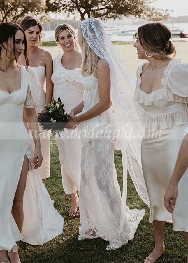 Lace Wedding Dresses Elegant Sheath Long Vintage Bridal Gown Illusion Body