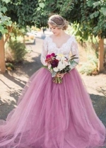 Mauve Colored Tulle Wedding Dress with Long Lace Sleeves