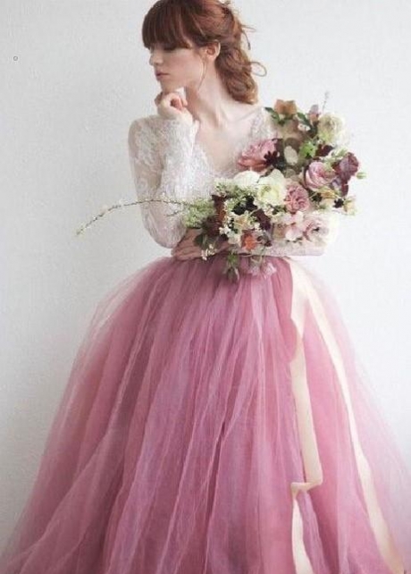 Mauve Colored Tulle Wedding Dress with Long Lace Sleeves
